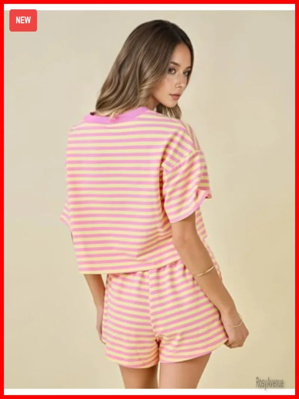 Women Lounge 2 Piece Set Striped Cotton Blend Pajama Shorts Short Sleeve